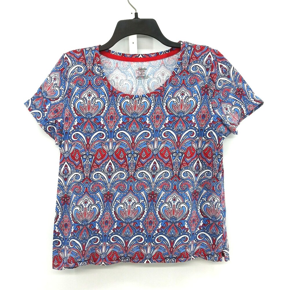 Rafaella Shirt Women Size PL Red White Blue Floral Short Sleeve Round Neck Top